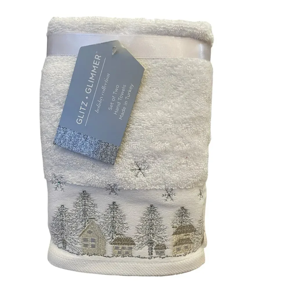 2pc Glitz & Glimmer Embroidered Christmas Tree Hand Towels 18x28 Cotton NEW